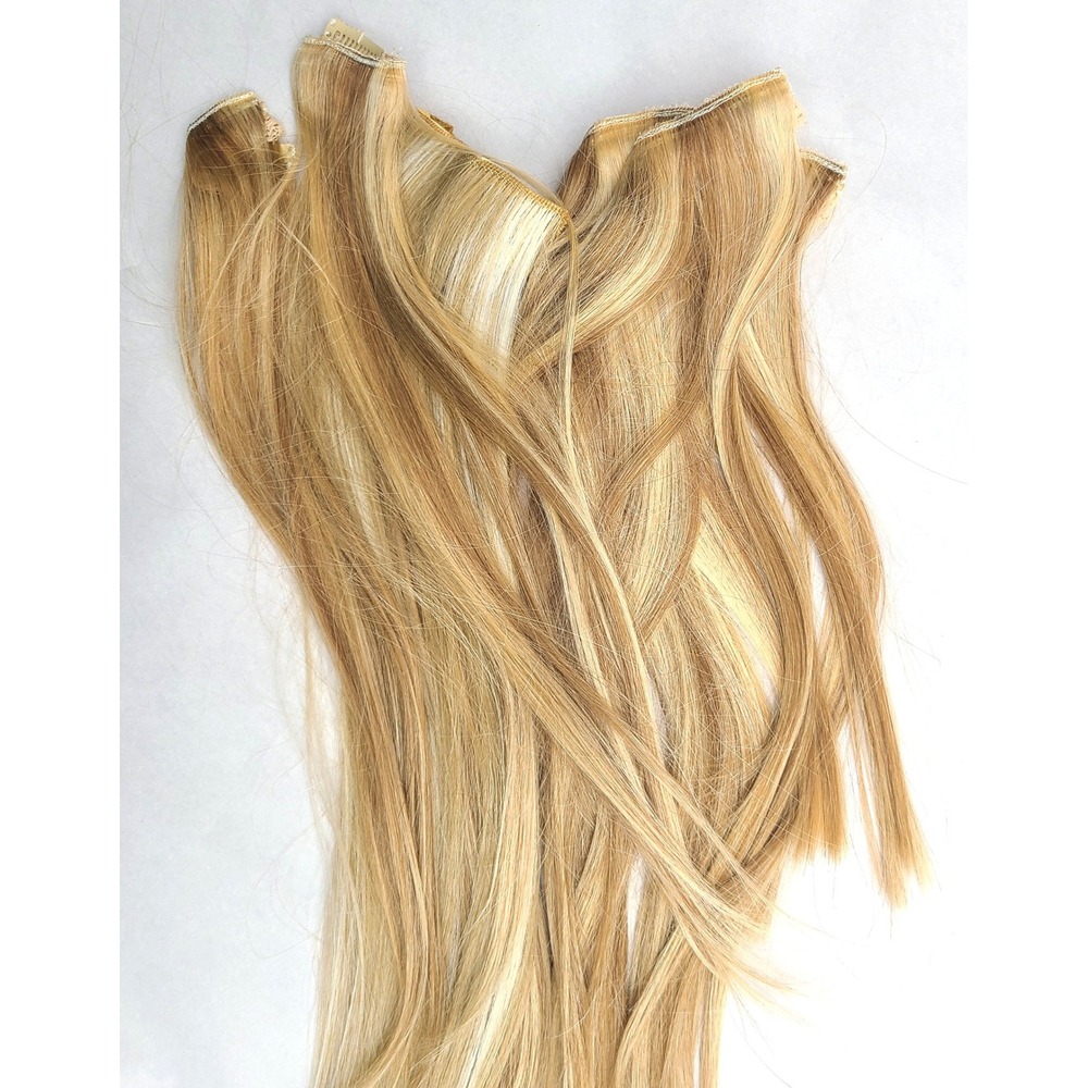 Natural 14" Blonde Human Hair Extensions Clip In Full Set Golden Honey Highlight